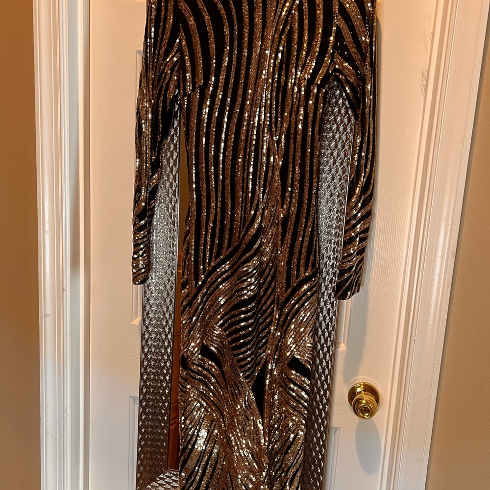 Fashion Nova Black and Gold Sequin Long Sleeve Gown